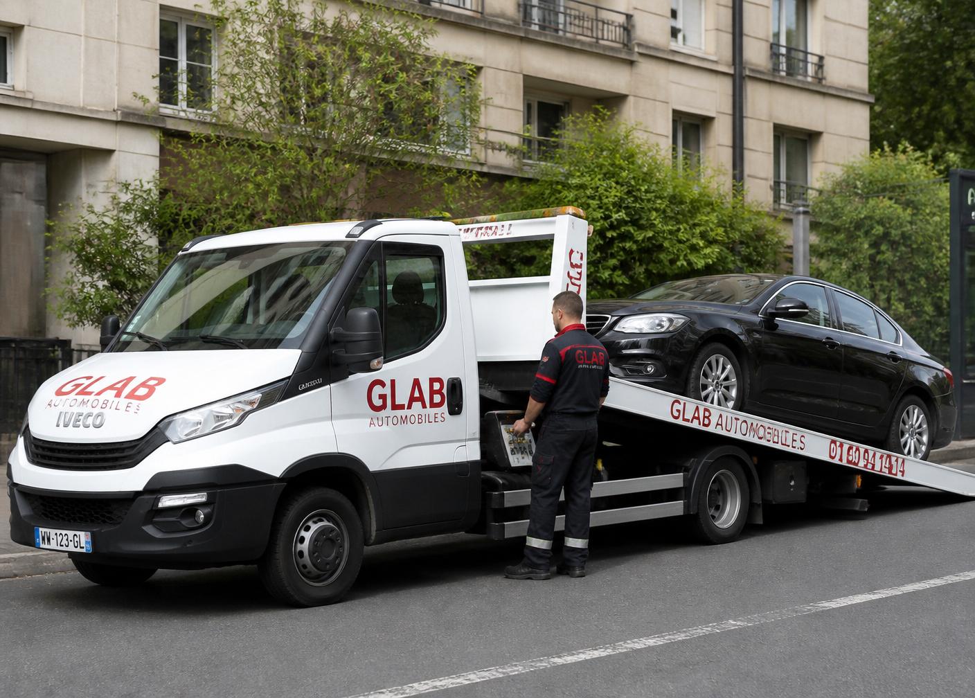 Dépanneuse GLAB Automobiles chargeant un véhicule