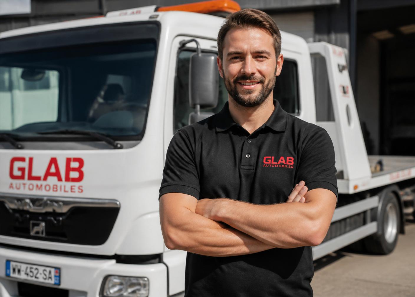Technicien GLAB Automobiles devant sa dépanneuse