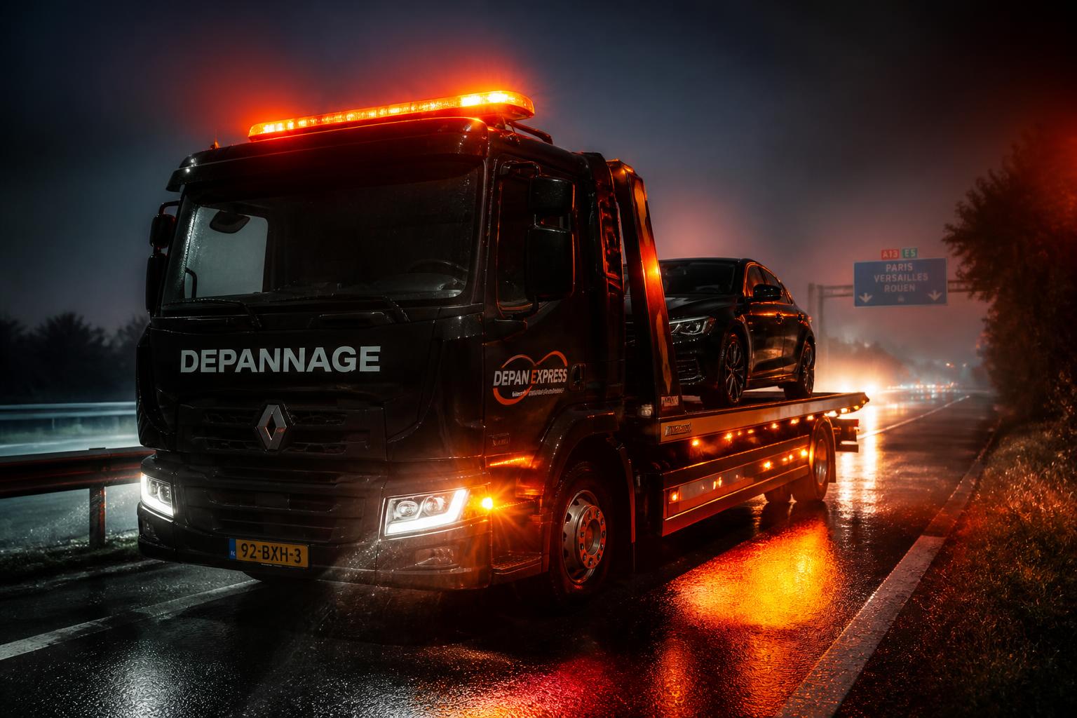 Dépanneuse premium intervenant sur autoroute la nuit